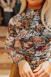 Floral Print Turtleneck Long Sleeve Stretch Bottoming Shirt