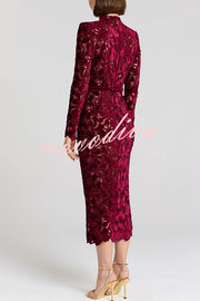 Diane Velvet Embroidered Floral Lace Long Sleeve Belt Scallop Edge Midi Dress