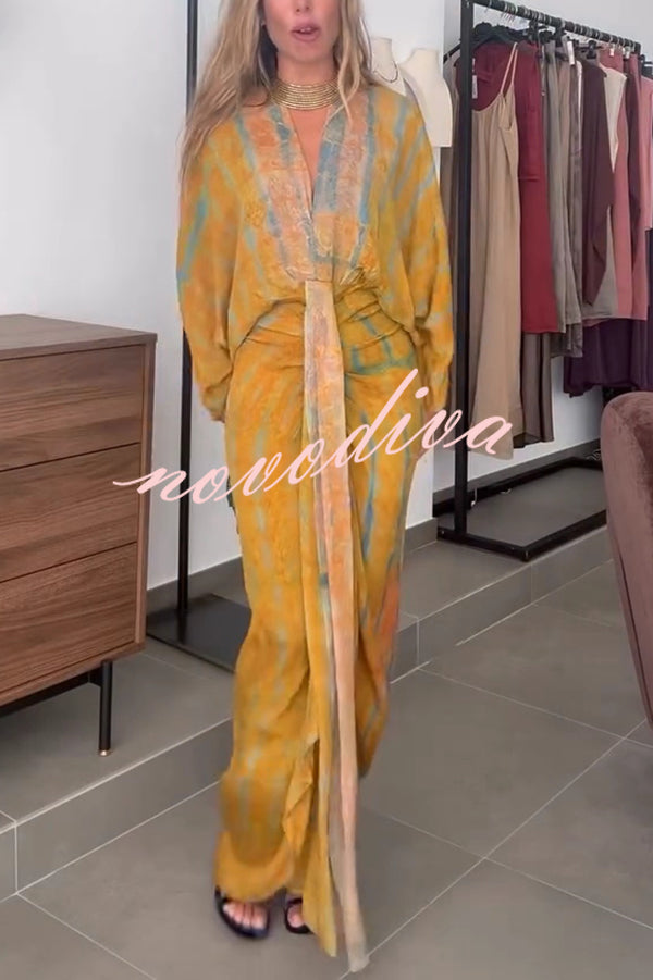 Unique Printed V-neck High-waisted Loose-fitting Holiday Maxi Dress