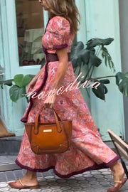Bohemian Floral Print Elegant Puff Sleeve Holiday Maxi Dress