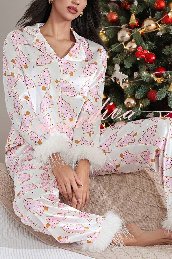 Christmas Print Feather Trim Elastic Waist Pocket Pajama Set