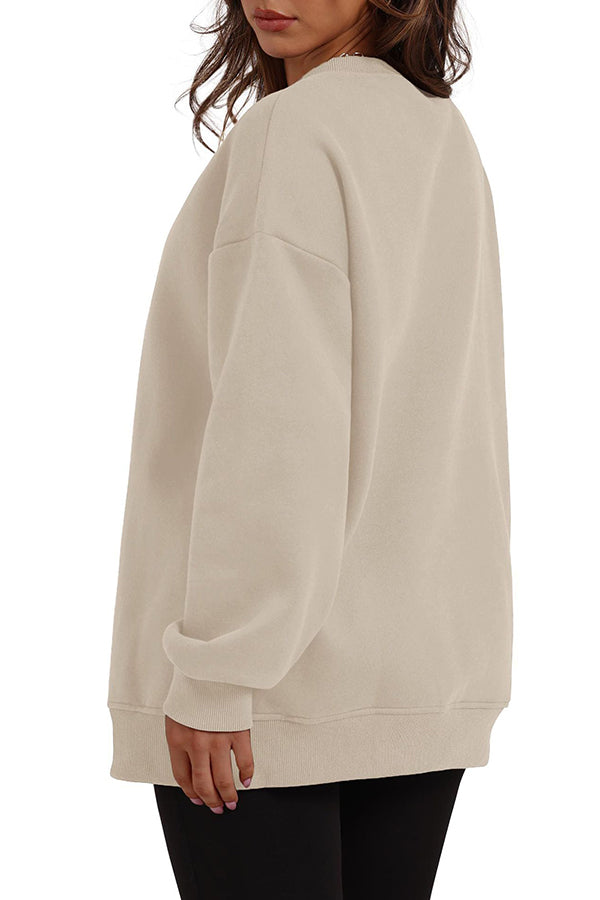 Solid Color Round Neck Pocket Loose Warm Long Sleeve Sweatshirt