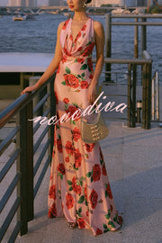 Rose Print Sexy Halter Neck Strappy Backless Slim Fit Maxi Dress