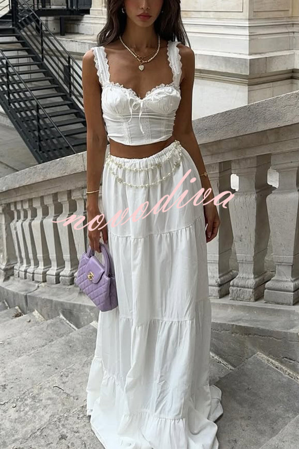 Fashionable Suspender Slim-fit Top and Elastic Waist Stitching Elegant Maxi Skirt Set