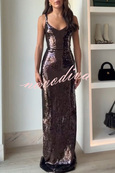 Dazzling Like Flowing Water Sequin V-neck Back Zipper Slit Maxi Dress