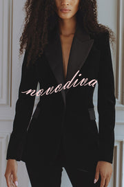 Delicate Daze Velvet Satin Lapel Button Up Long Sleeve Tapered Waist Blazer