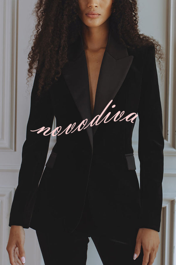 Delicate Daze Velvet Satin Lapel Button Up Long Sleeve Tapered Waist Blazer