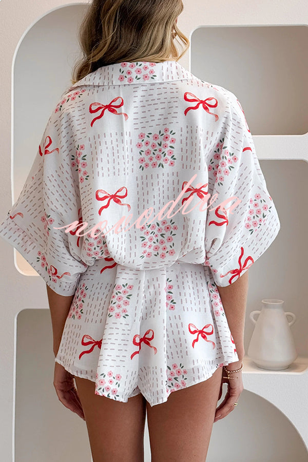 Sweet Bow Print Lapel Half Sleeve Tie Waist Loose Rompers