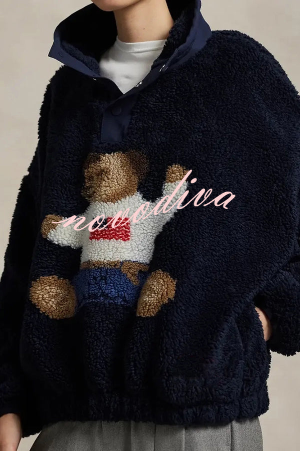 American Retro Polo Bear Pattern Stand Button Neck Long Sleeve Fleece Pullover