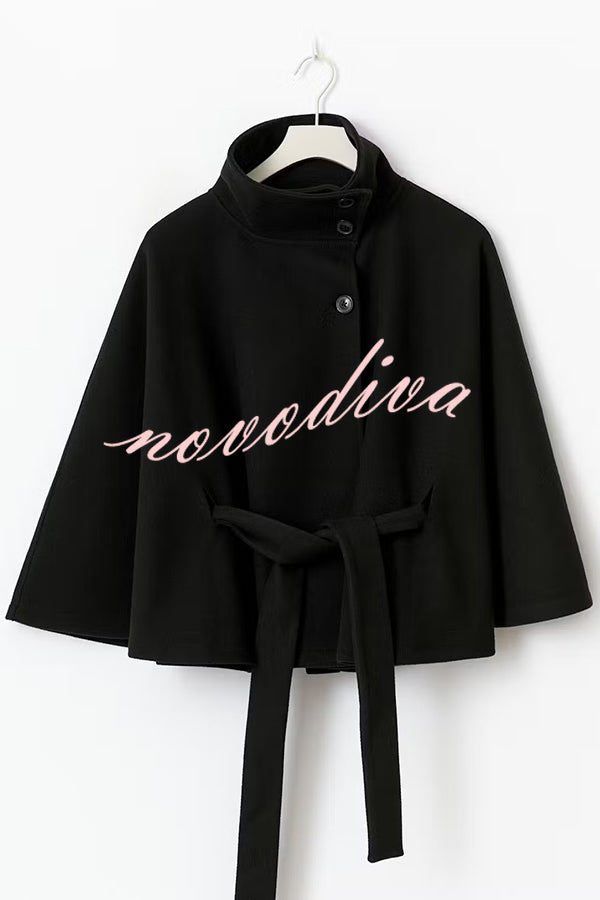 Fashionable Stand Collar Button Waist Tie Loose Cape