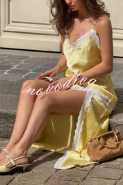 Sweet Trend Satin Lace Trim V-neck Slit Slip Maxi Dress