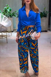 Ocean Heart Linen Blend Printed Ruched Hem Blouse and Belted High Rise Pocket Loose Pants Set