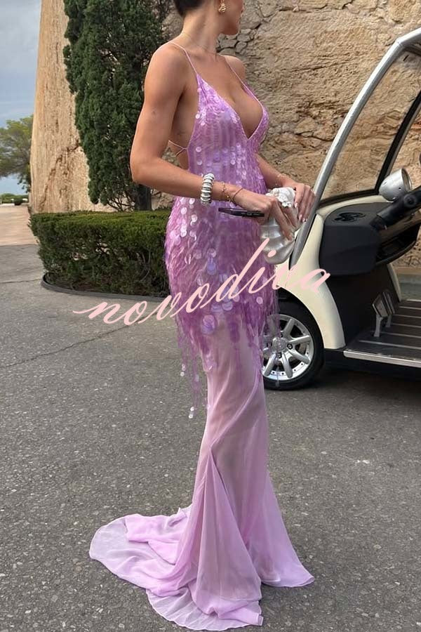Perfect Night Sequin Embroidery Backless Drape Tulle Hem Slip Maxi Dress