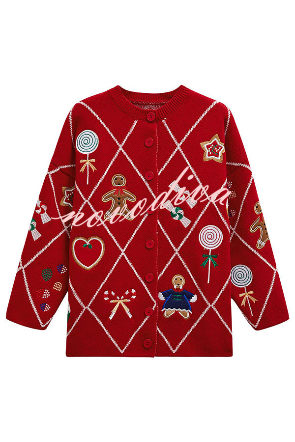 Argyle Candy Gingerbread Man Embroidered Button-knit Cardigan