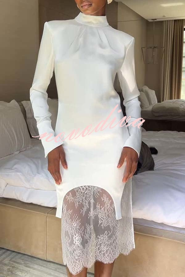 Melissa Satin High Neck Long Sleeve Curved Hem Top and Lace Midi Skirt Set