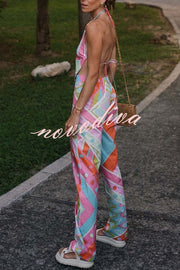 Kathy Unique Print Halter Scarf Tank and Elastic Waist Pocket Loose Pants Set