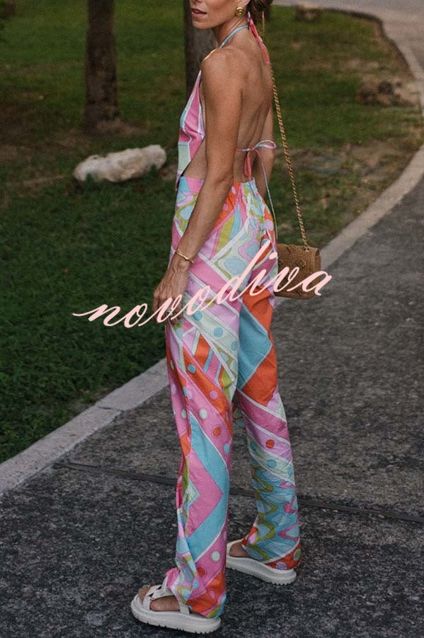Kathy Unique Print Halter Scarf Tank and Elastic Waist Pocket Loose Pants Set