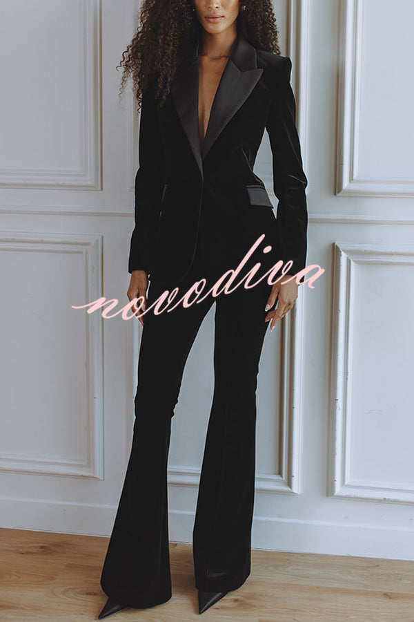 Delicate Daze Velvet Satin Lapel Button Up Long Sleeve Tapered Waist Blazer
