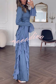 Cline Solid Color High Neck Long Sleeve Elegant Ruffles Maxi Dress