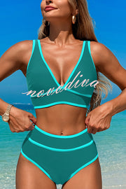 Solid Color Contrast High Waist Stretch Bikini Swimsuit