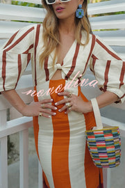 Kaya Linen Blend Color Block Print Front Cutout Knot Puff Sleeve Maxi Dress