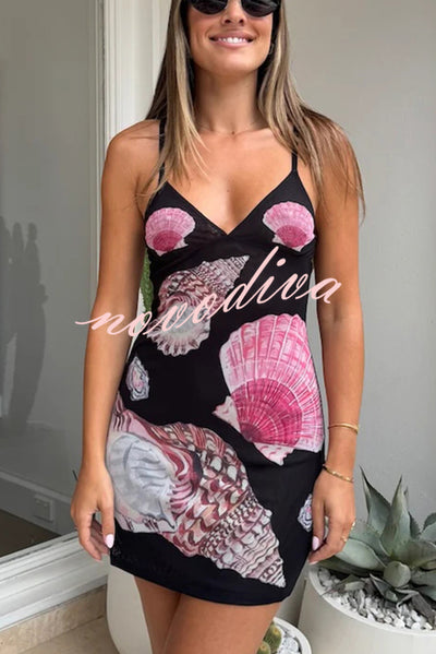 Playful and Flirty Mesh Shell Print Slip Stretch Mini Dress