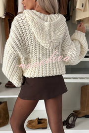 Warm Day Knit Button Up Long Balloon Sleeve Hooded Loose Cardigan