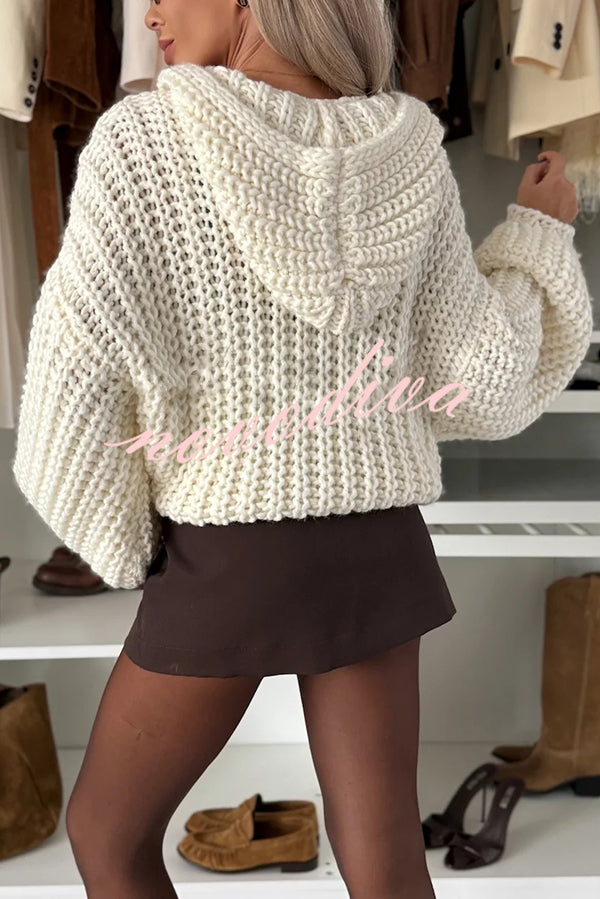 Warm Day Knit Button Up Long Balloon Sleeve Hooded Loose Cardigan