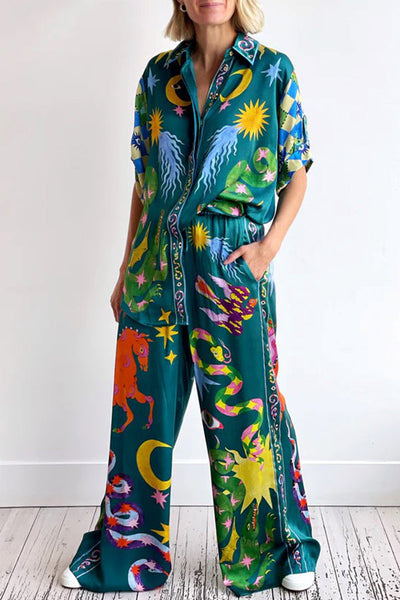 Holiday Pierson Linen Blend Unique Print Elastic Waist Pocketed Wide Leg Pants