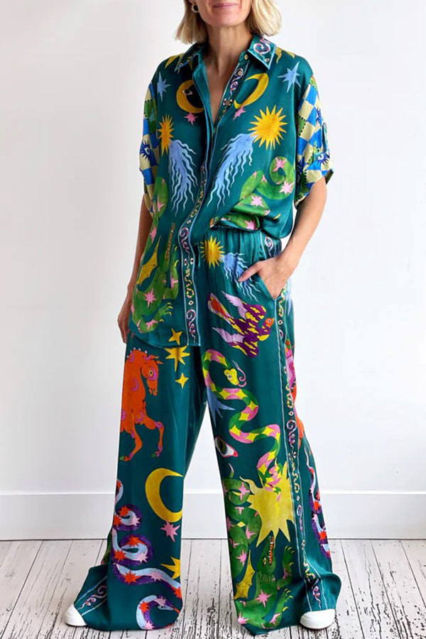 Holiday Pierson Linen Blend Unique Print Elastic Waist Pocketed Wide Leg Pants