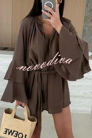 Solid Color V-neck Ruffled Long Sleeve Waist Tie Mini Dress