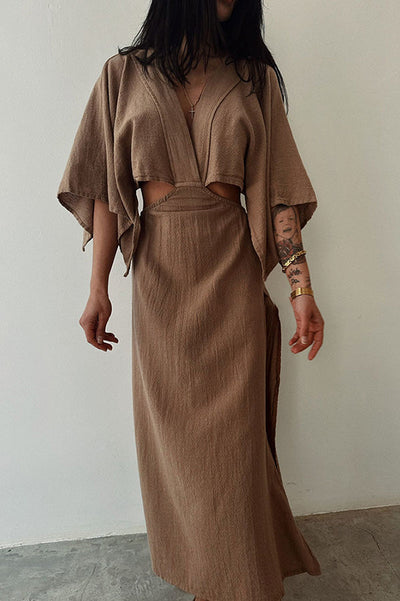 Orla Linen Blend Cutout Waist Kimono Sleeve Maxi Dress