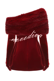 Stylish Velvet Off-shoulder Fitted Mini Dress and Fluffy Shawl, Velvet Gloves Three-piece Set
