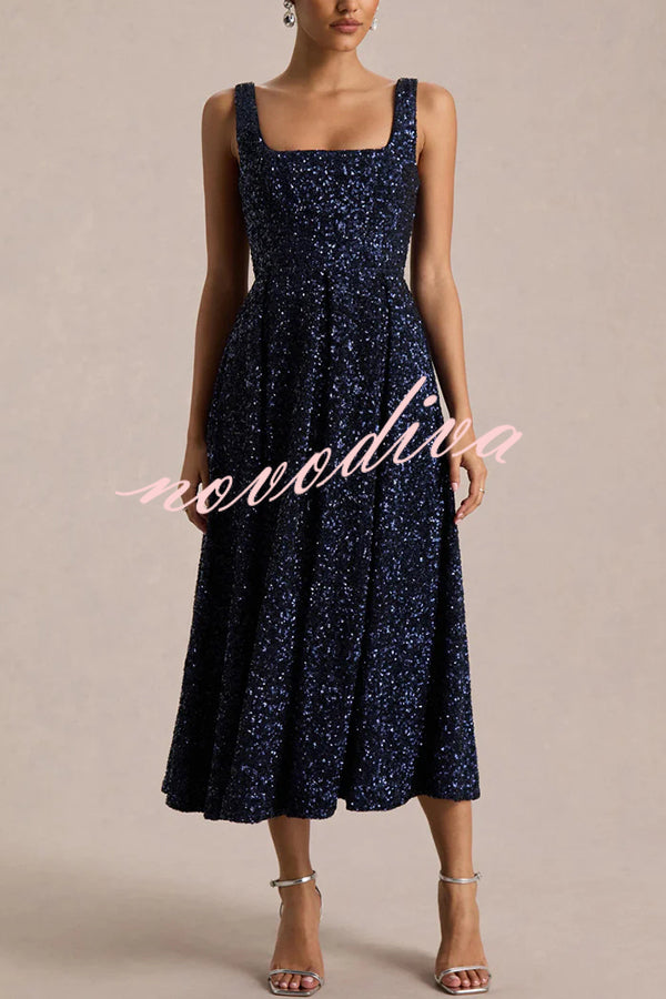 Effortless Sparkle Sequin Square Neck Wide Strap A-Line Midi Dress