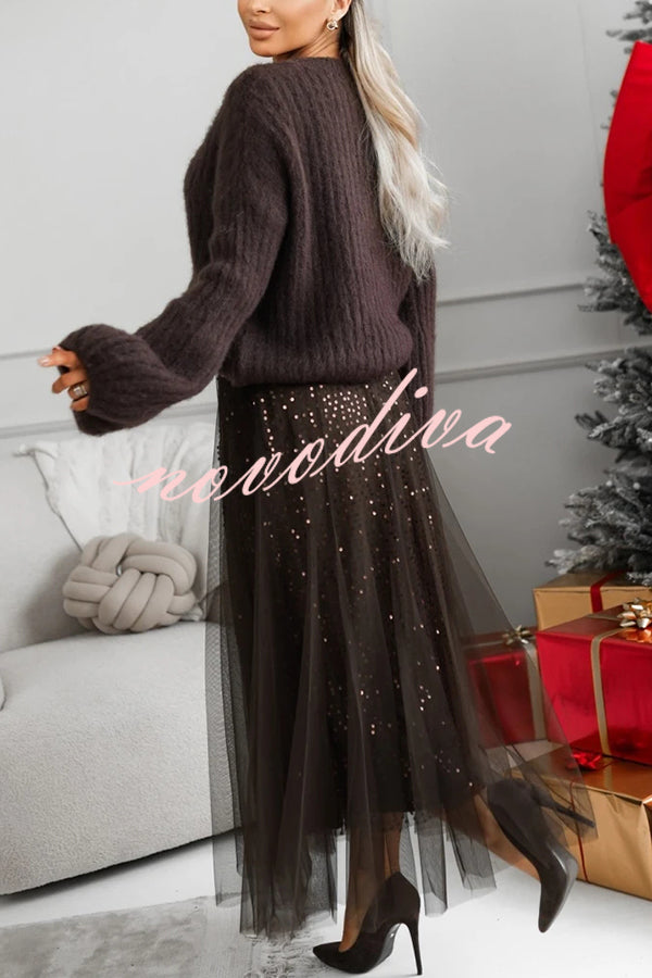 Party Daydream Sequin Tulle High Rise Elastic Waist Maxi Skirt