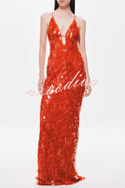 Reshape Beauty Fish Scale Sequin Cutout U-neck Slip Maxi Dress