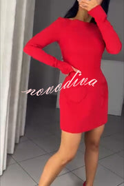 Anna Sparkling Gemstone Trim Heart Pocket Long Sleeve Mini Dress