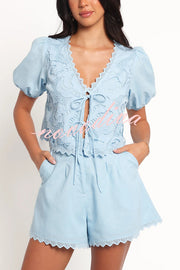 Fashionable V-neck Tie Puff Sleeve Top and Casual Pocket Shorts Set