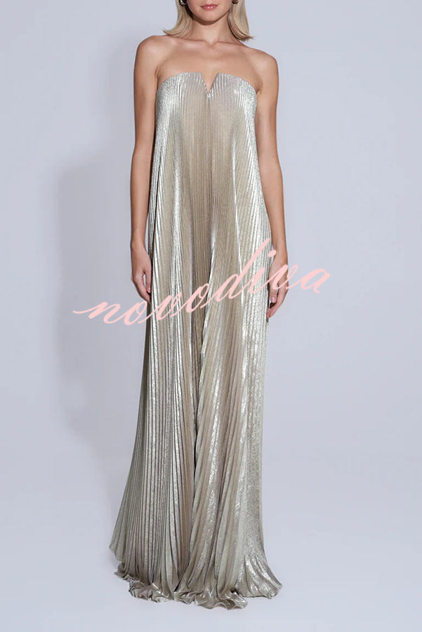 Maya Pleated Metallic Fabric Off Shoulder Asymmetric Hem A-line Maxi Dress