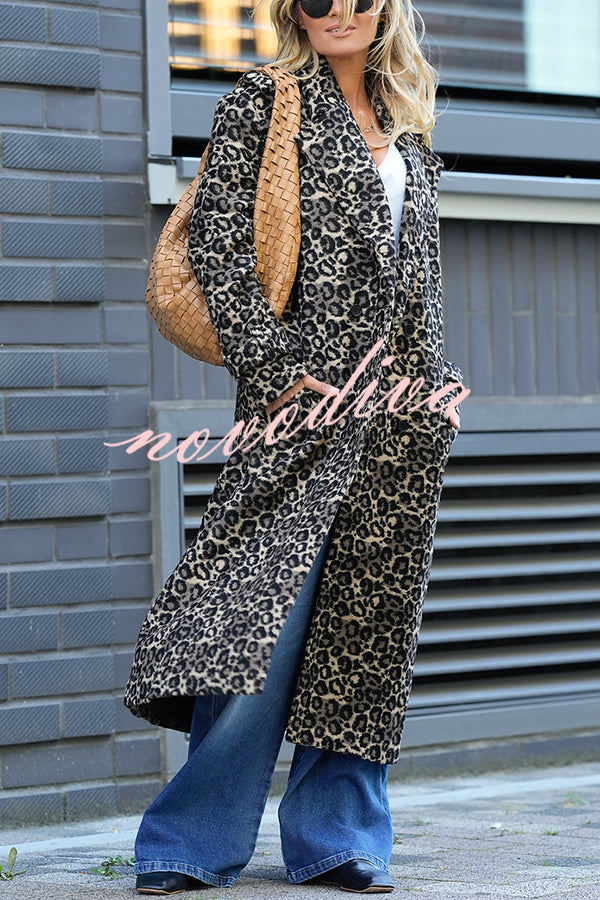 Leopard Affair Animal Print Epaulettes Long Sleeve Pocketed Lapel Midi Trench Coat