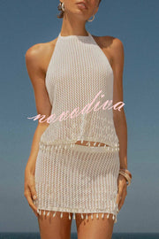 Fashion Knit Hollow Back Top and Embellished Fitted Stretch Beach Mini Skirt Set