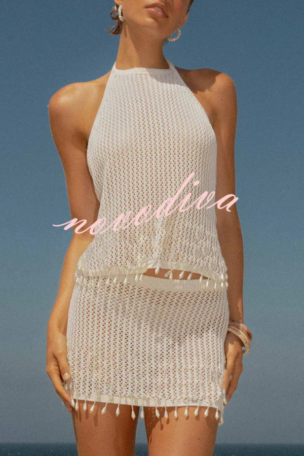 Fashion Knit Hollow Back Top and Embellished Fitted Stretch Beach Mini Skirt Set