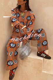 Mediterranean Art Knit Unique Sun Vortex Print Elastic Waist Wide Leg Pants
