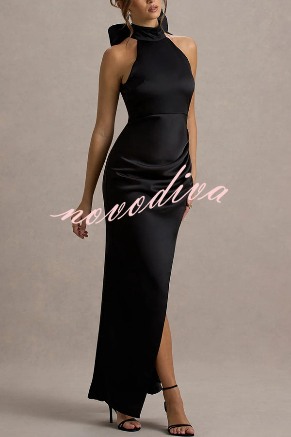 Maureen Satin High Neck Ruched Ruffle Slit Draped Maxi Dress