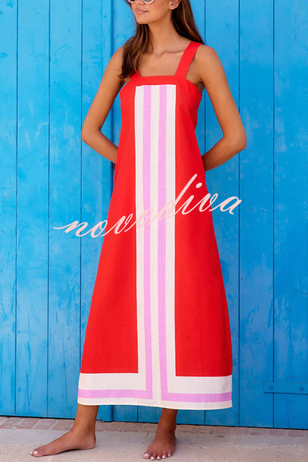 Striped Print Resort Style Casual Sling Maxi Dress