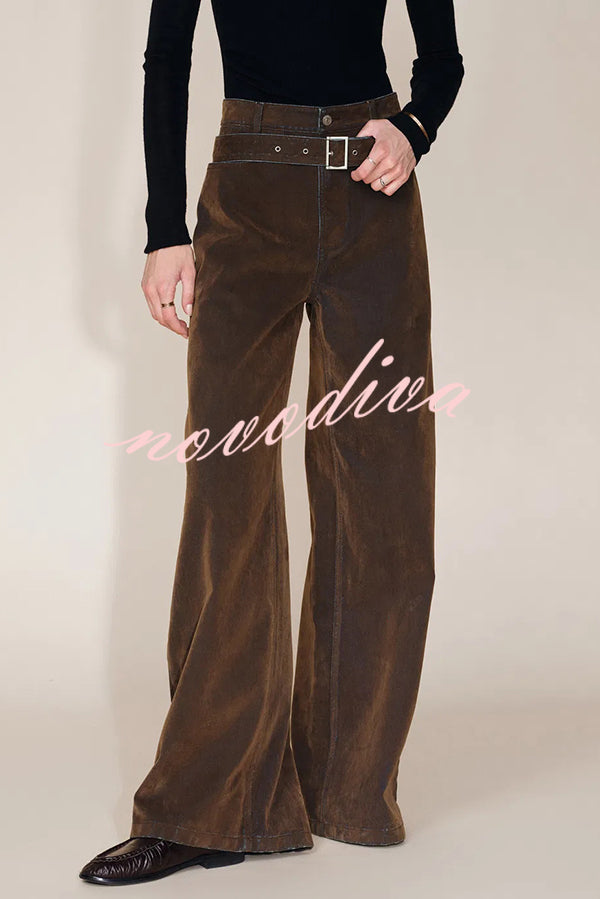 Taylor Denim Mid Rise Detachable Belt Flocked Pocket Wide Leg Jeans