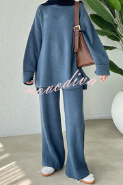 Solid Color Loose Long-sleeved Knit Top and Elastic Waist Casual Straight Leg Pants Set