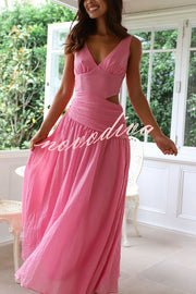 Solid Color V-neck Waist Hollow Slim Maxi Dress