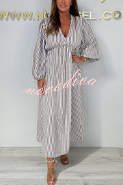 Striped Print V-Neck Long Sleeve Casual Loose Maxi Dress