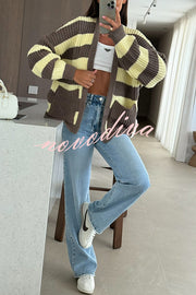 Fashionable Patchwork Striped Casual Pocket Knitted Sweater